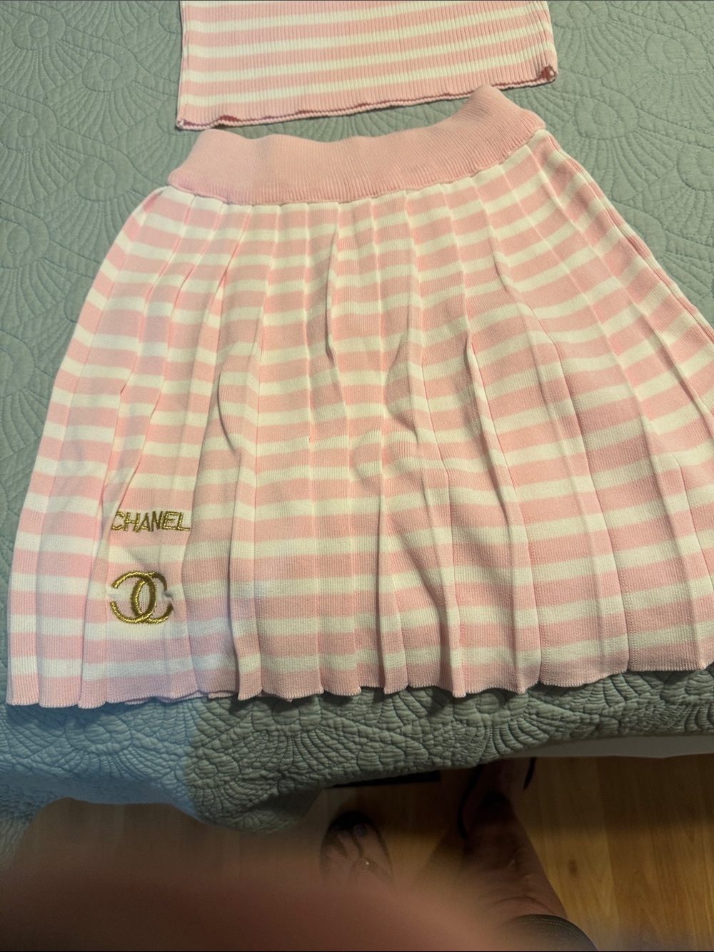 CHANEL Pink and White Striped Knit Tank & Pleated Skirt Set - Picture 5 of 6